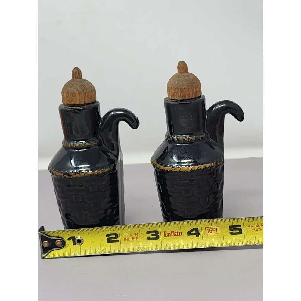 Vintage Black Ceramic Oil & Vinegar Cruet Set With Cork Stoppers Retro MCM Decor